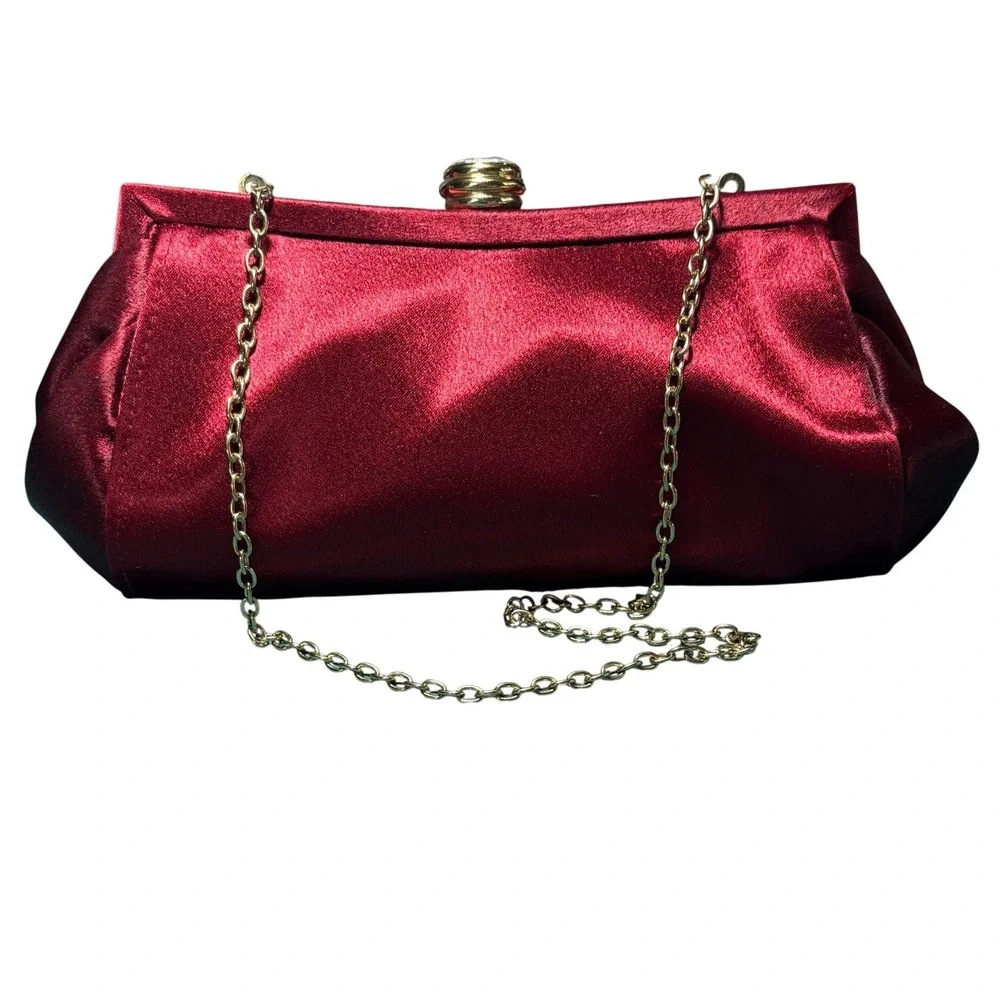 La Regale Evening Clutch Women Small Red Satin Jewel Kiss Lock Chain Strap
